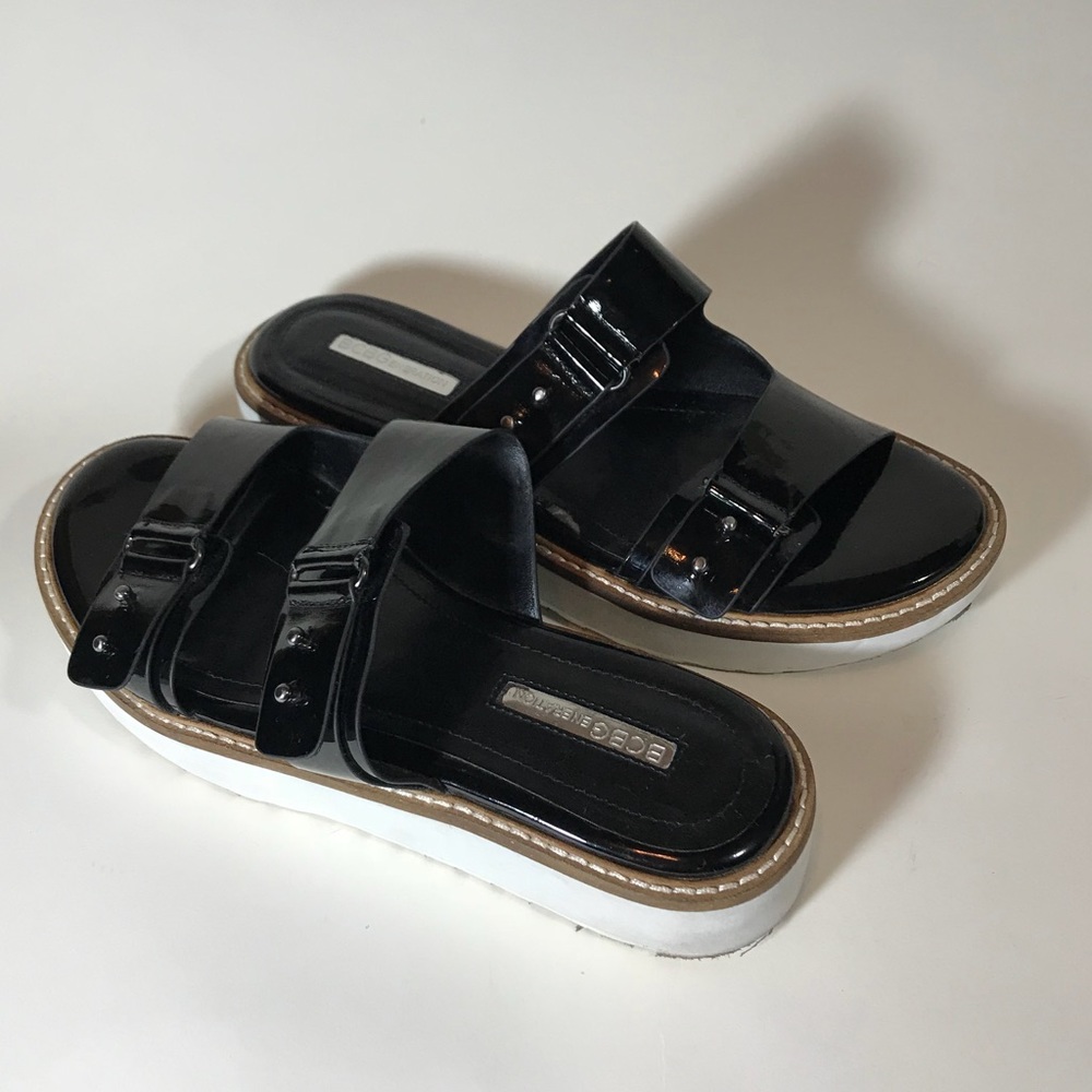 BCBGeneration black patent leather wedge sandals